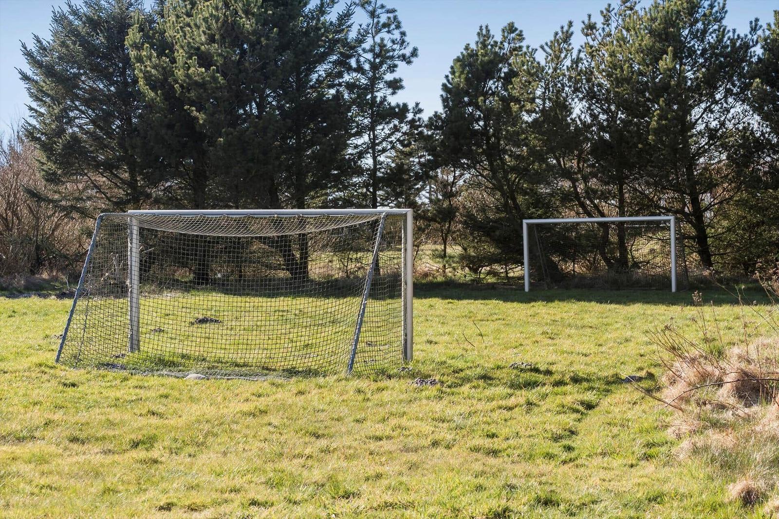 Zwei Fußballtore stehen auf einer grünen Wiese hinter Bäumen.
