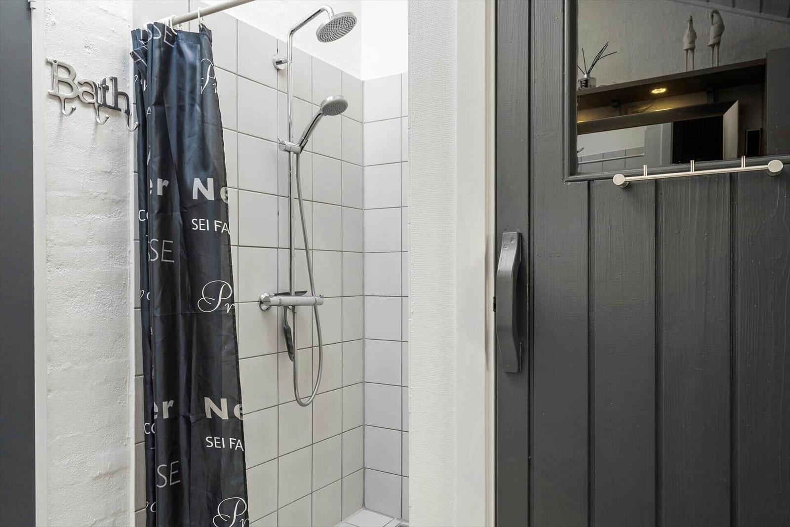 Dusche mit Duschvorhang und Handbrause in modernem Badezimmer