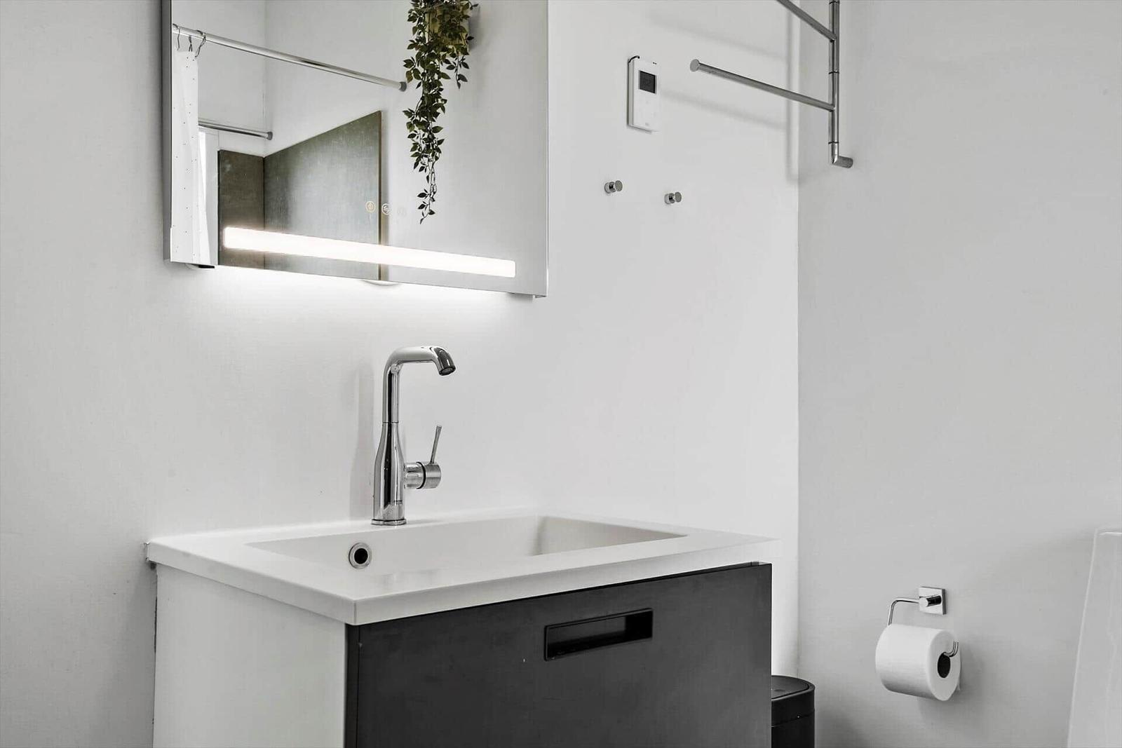 Badezimmer mit Spiegel, Waschbecken und Toilettenpapierhalter.
