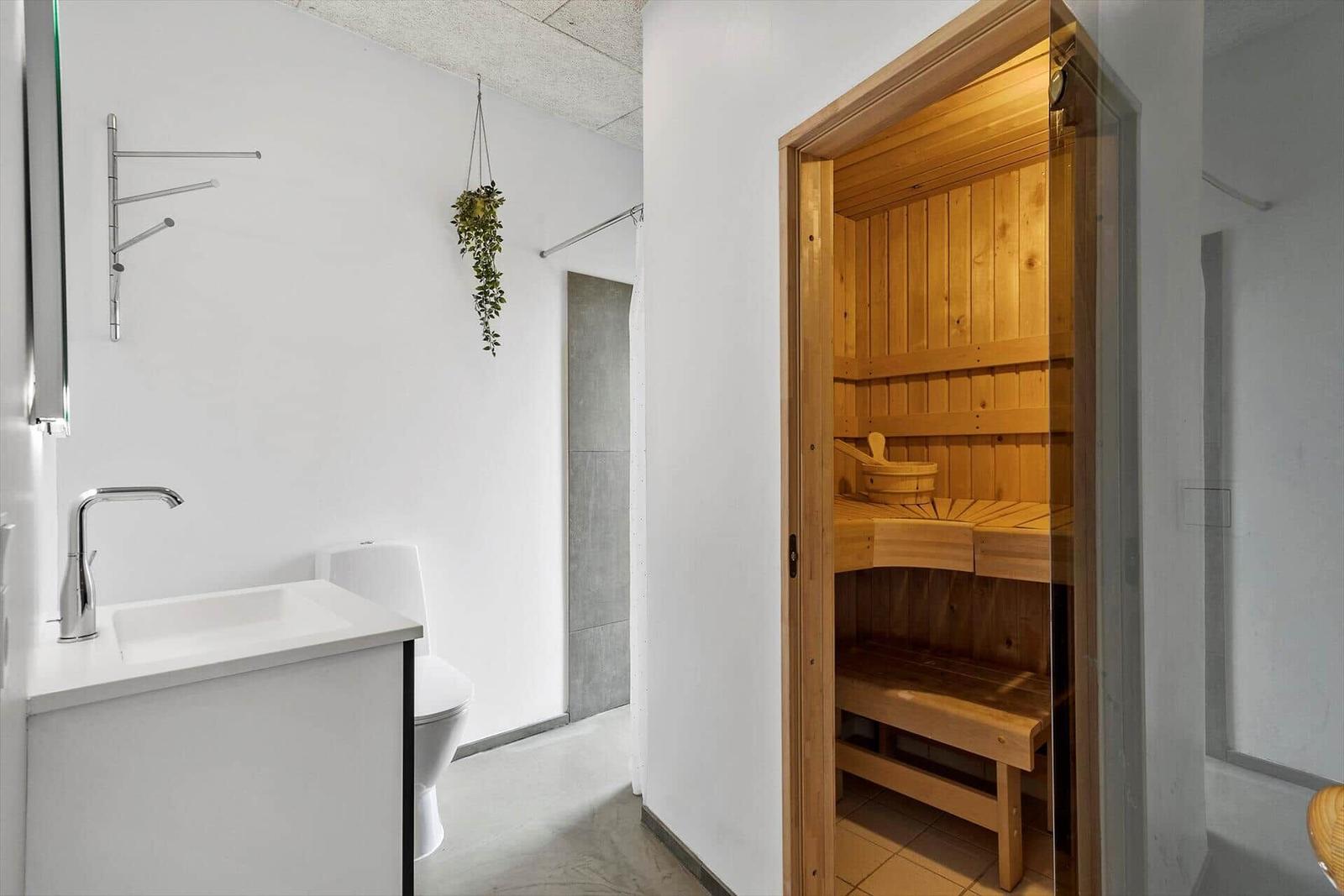 Bad mit Sauna, Waschbecken und Toilette. Holzsauna mit Sitzbänken.