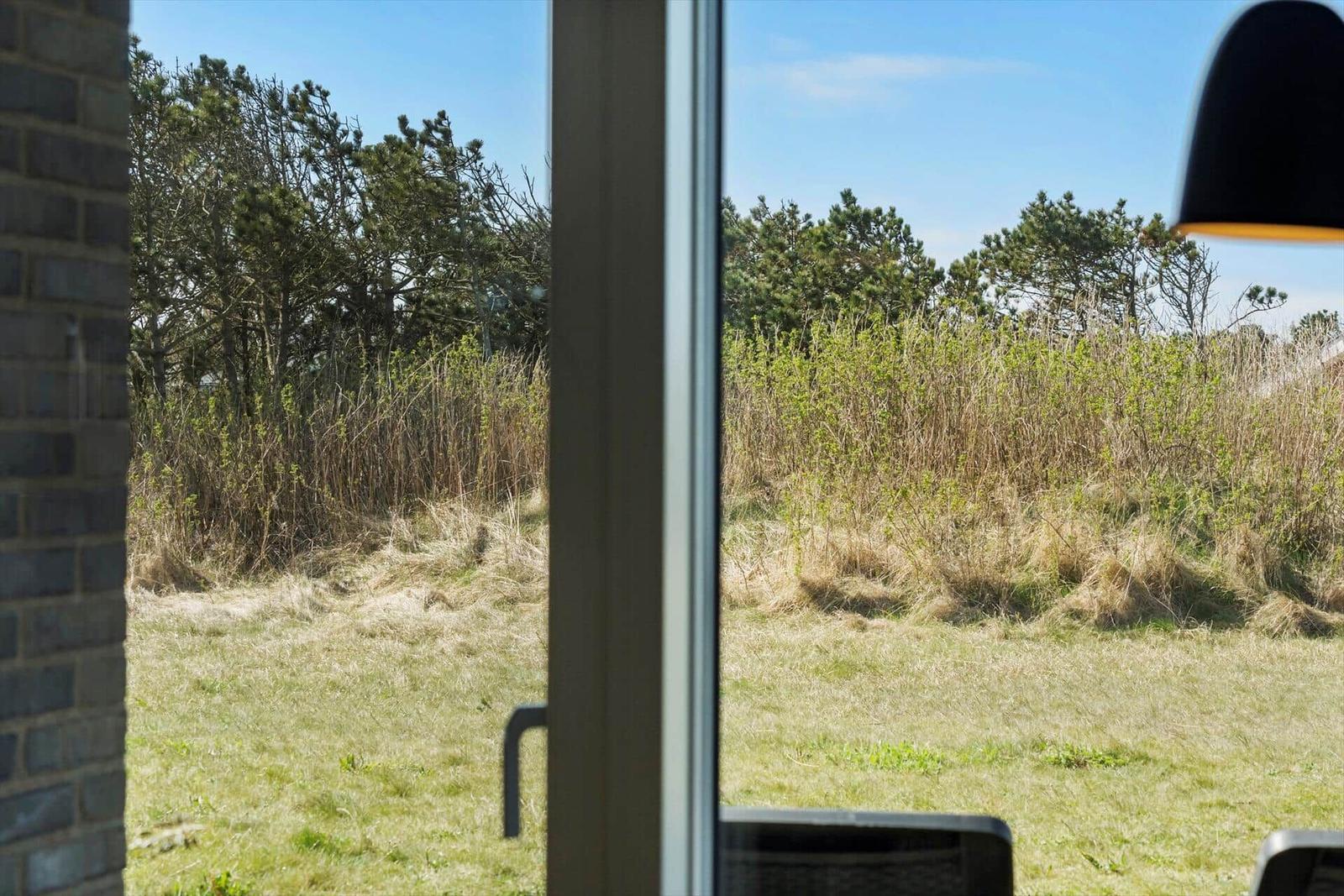 Durch das Fenster ist eine grüne Wiese mit Büschen und Bäumen im Hintergrund zu sehen.