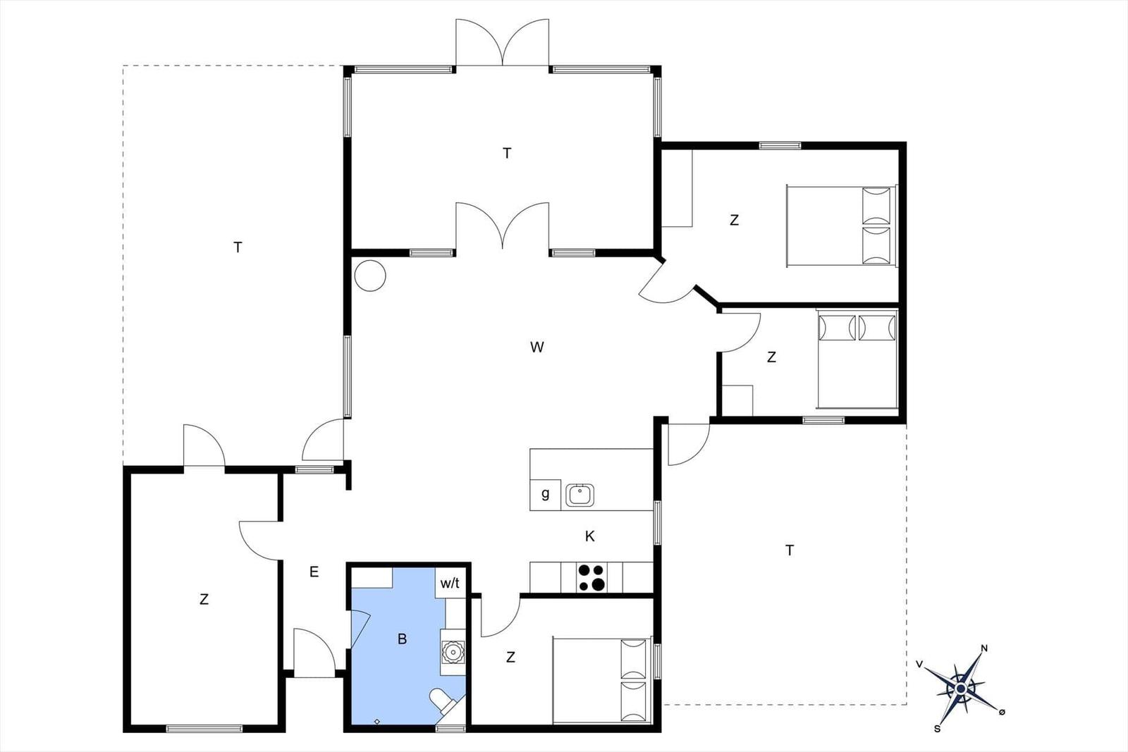 Wohnung mit Küche, Bad, Schlafzimmer und Wohnbereich. Orientierung mit Kompass.