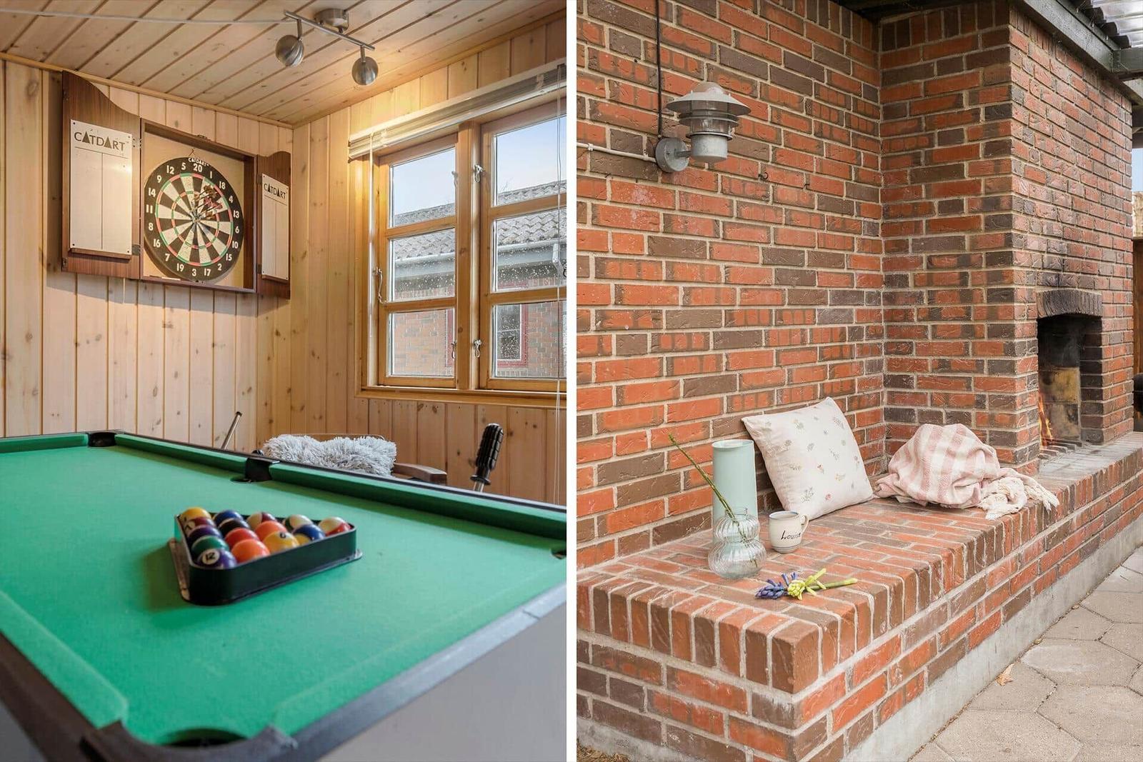 Room with pool table and dartboard. Outdoor area with brick fireplace and bench.