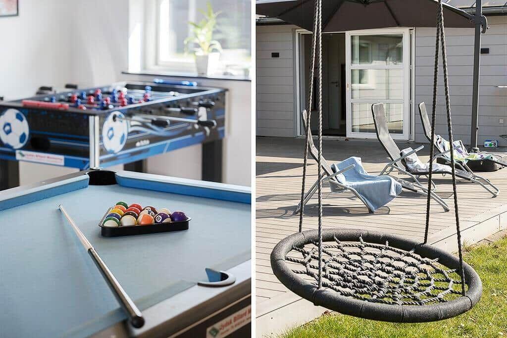 Billardtisch mit Kugeln und Fussballtisch im Innenraum. Außenbereich mit Schaukel und Liegestühlen.