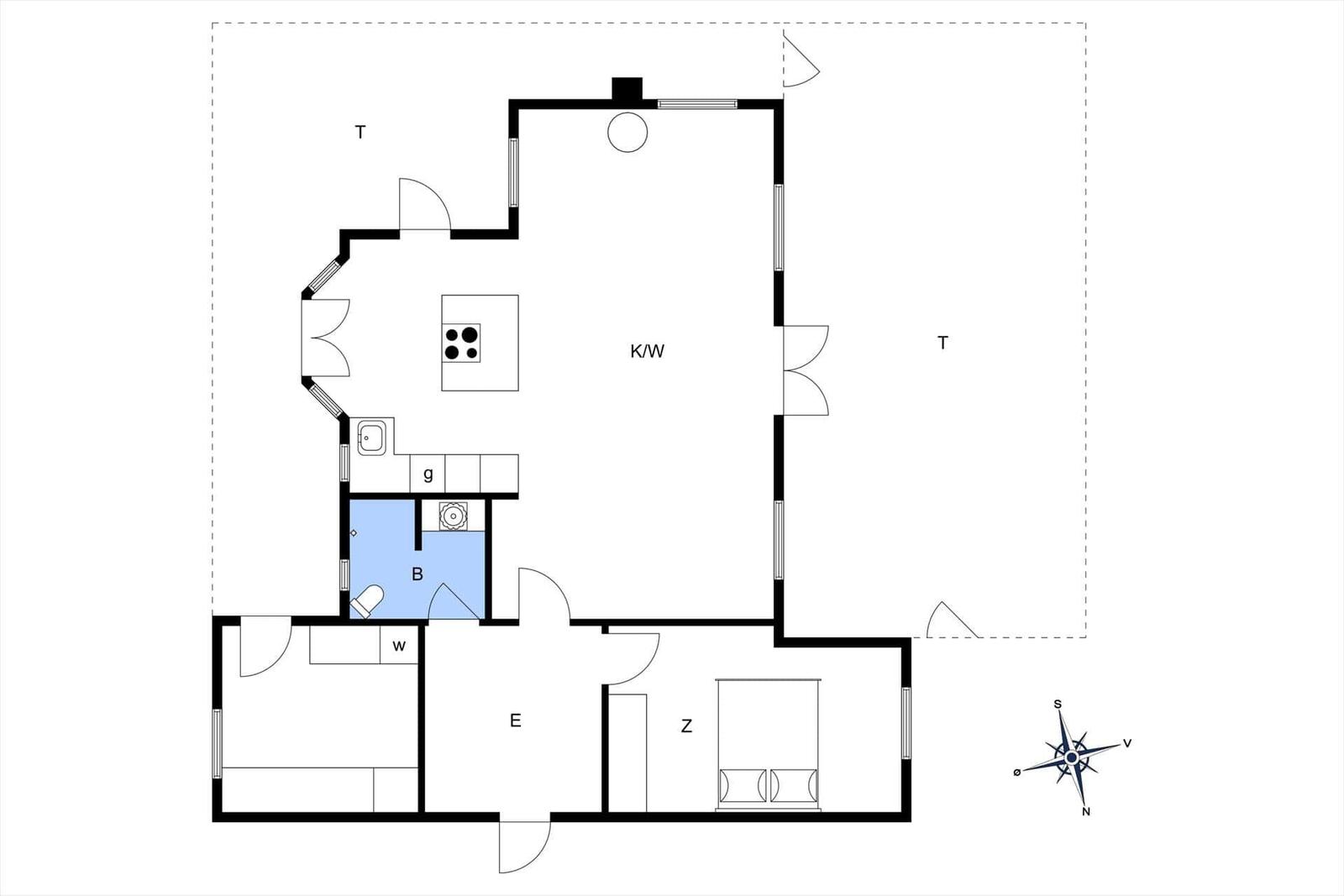 Wohnung mit Küche, Bad und Schlafzimmer. Raumübersicht mit Kompass.