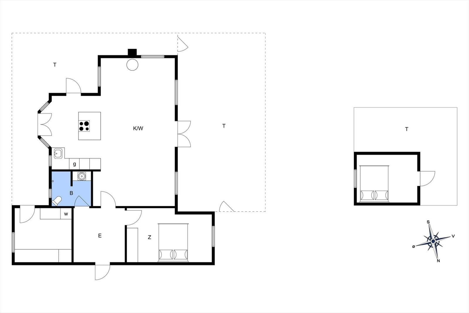 Wohnung mit Küche, Bad, Schlafzimmer und Wohnbereich. Flur mit Treppe und Fenster.