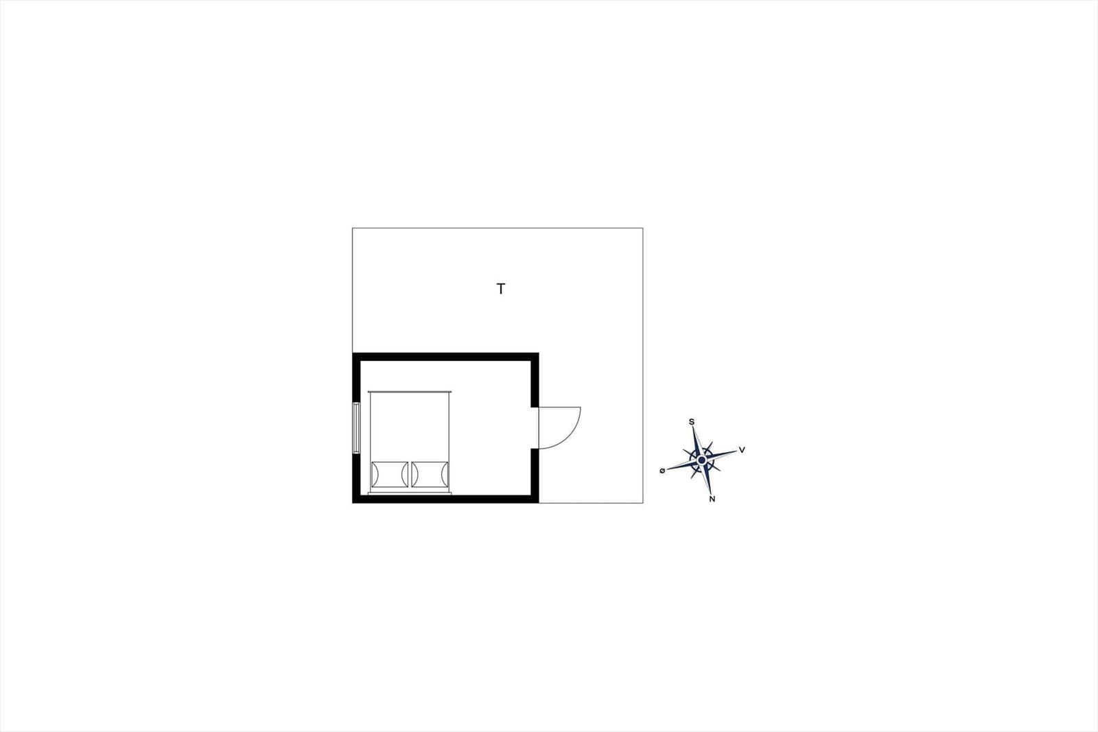 Schlafzimmer mit Bett und Tür. Kompass zeigt Himmelsrichtungen.