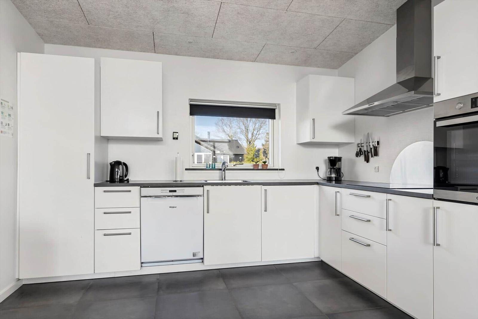 Modern kitchen with white cabinets, dark countertop, and window with view.