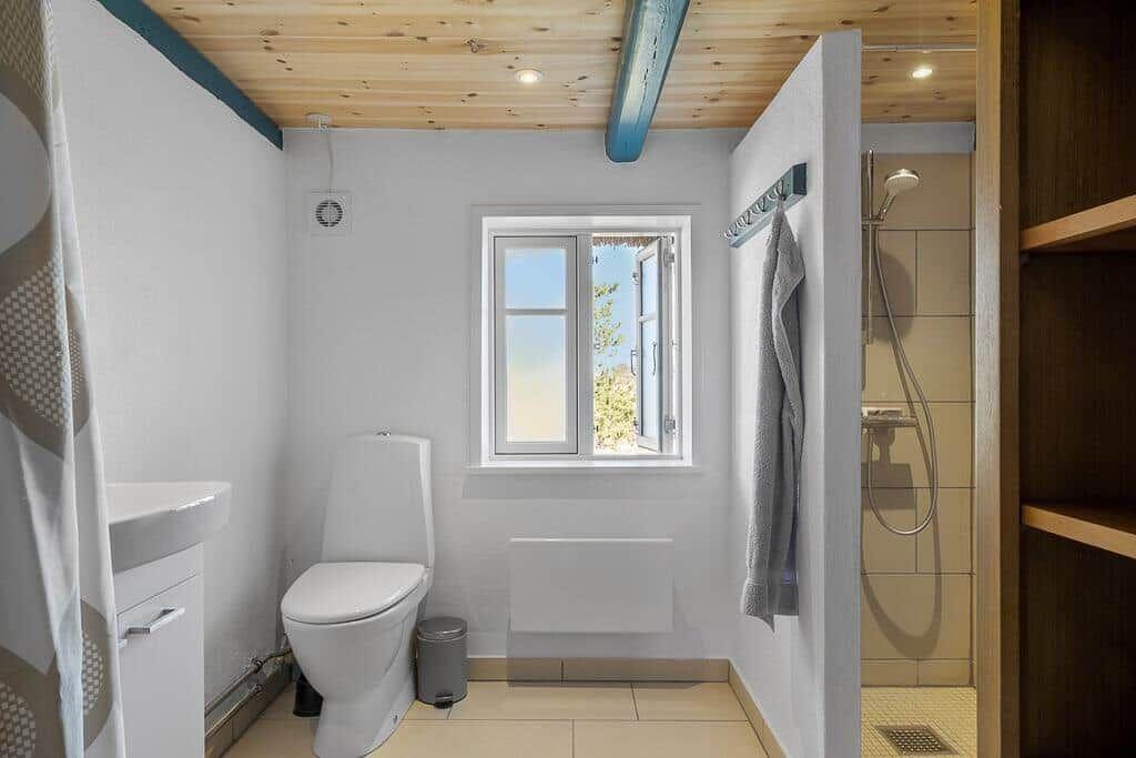 Badezimmer mit Toilette, Dusche und Fenster mit Blick nach draußen.
