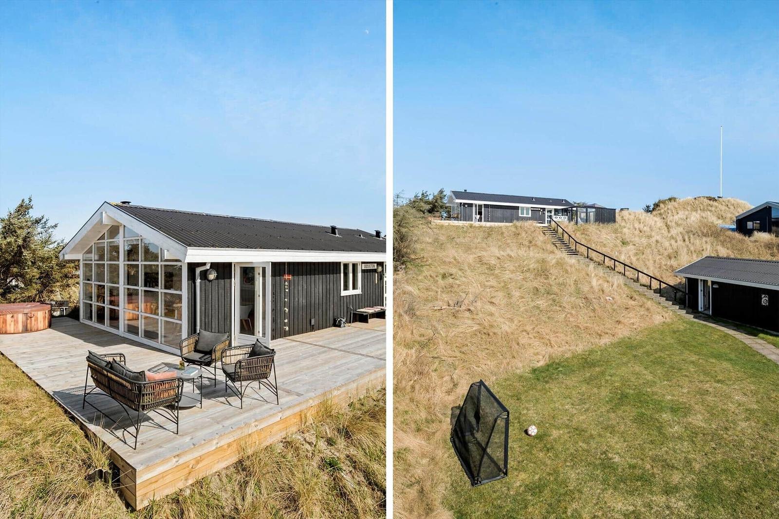 Moderne Strandhaus mit Terrasse, Sitzgelegenheiten und Hot Tub. Blick auf die Dünen und den Garten.