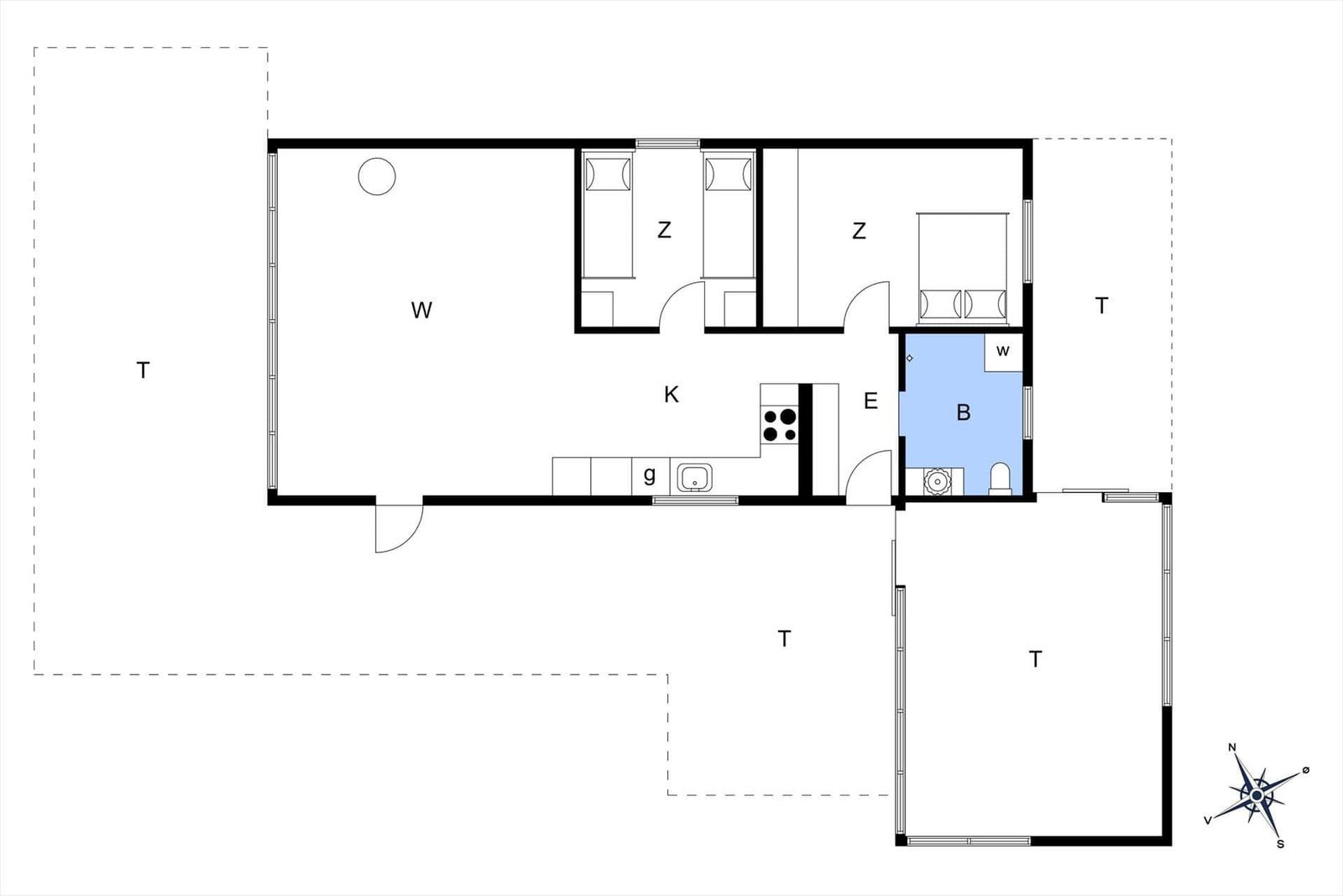Wohnung mit Küche, zwei Schlafzimmern und Bad. Türen und Fenster sind eingezeichnet.