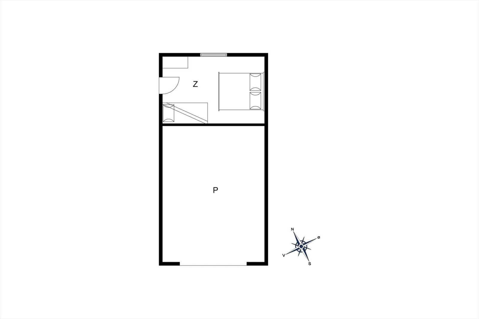 Einfach gezeichnetes Grundrissbild mit Raumbezeichnungen und Kompass.