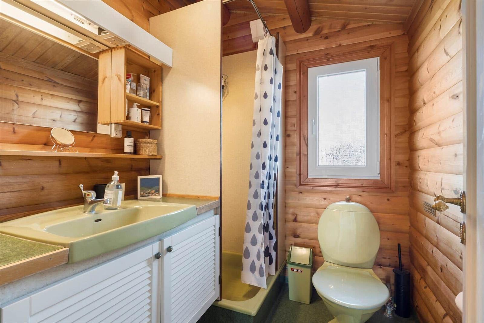 Badezimmer mit Holzwand, Waschbecken, Dusche und Toilette.