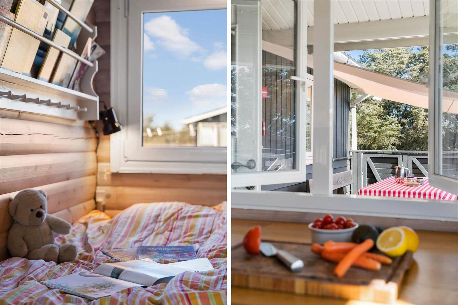 Schlafzimmer mit Teddy und Fensterblick. Küche mit Obst und Blick auf Balkon.