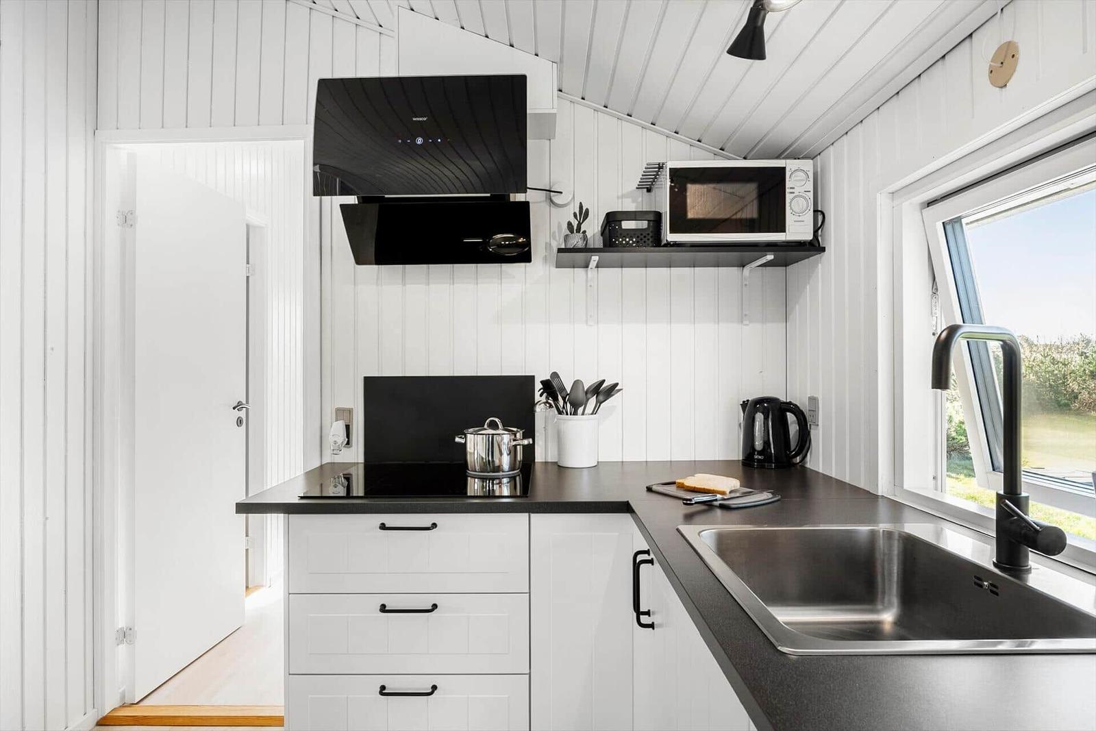 Kitchen with countertop, sink, and window. White walls, black appliances.