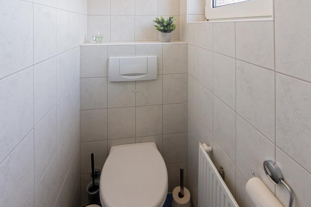 Toilettenbereich mit Toilette, Heizkörper und Pflanze an der Wand.