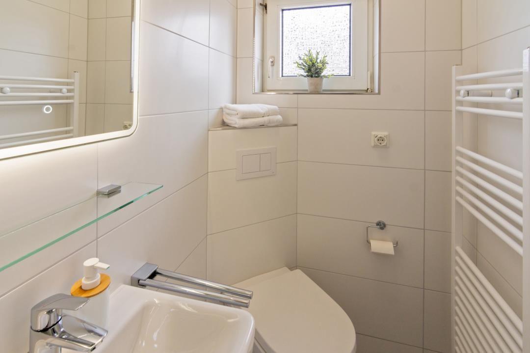 Badezimmer mit Spiegel, Waschbecken und Toilette. Fenster mit Pflanze und Handtuchhalter.