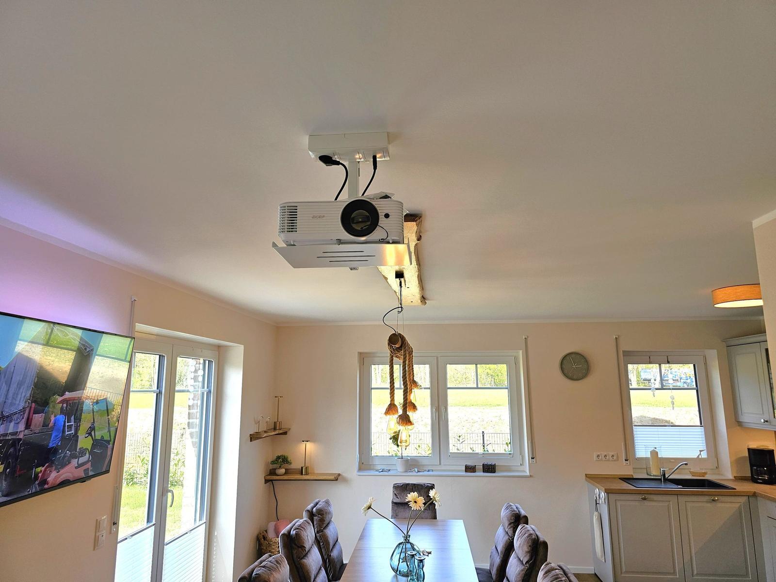 Raum mit Projektion, Essbereich und Küchenzeile. Fenster mit Blick auf Garten.