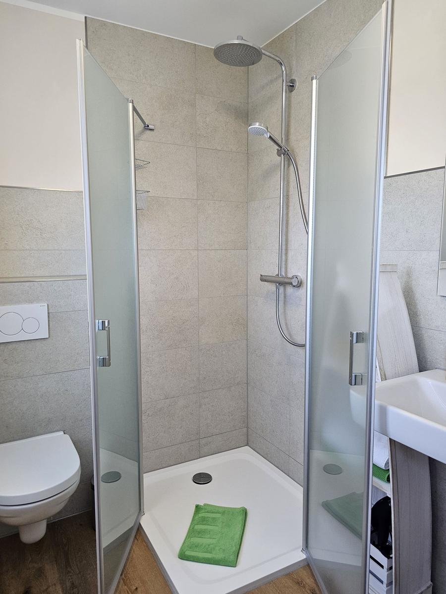 Dusche mit Duschbrause, Toilette und Waschbecken