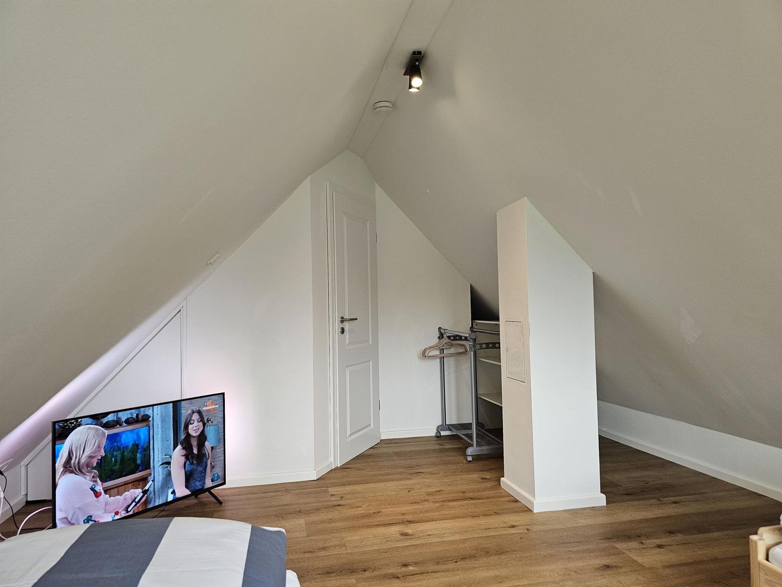 Schlafzimmer mit Dachschräge, Holzboden und Fernseher