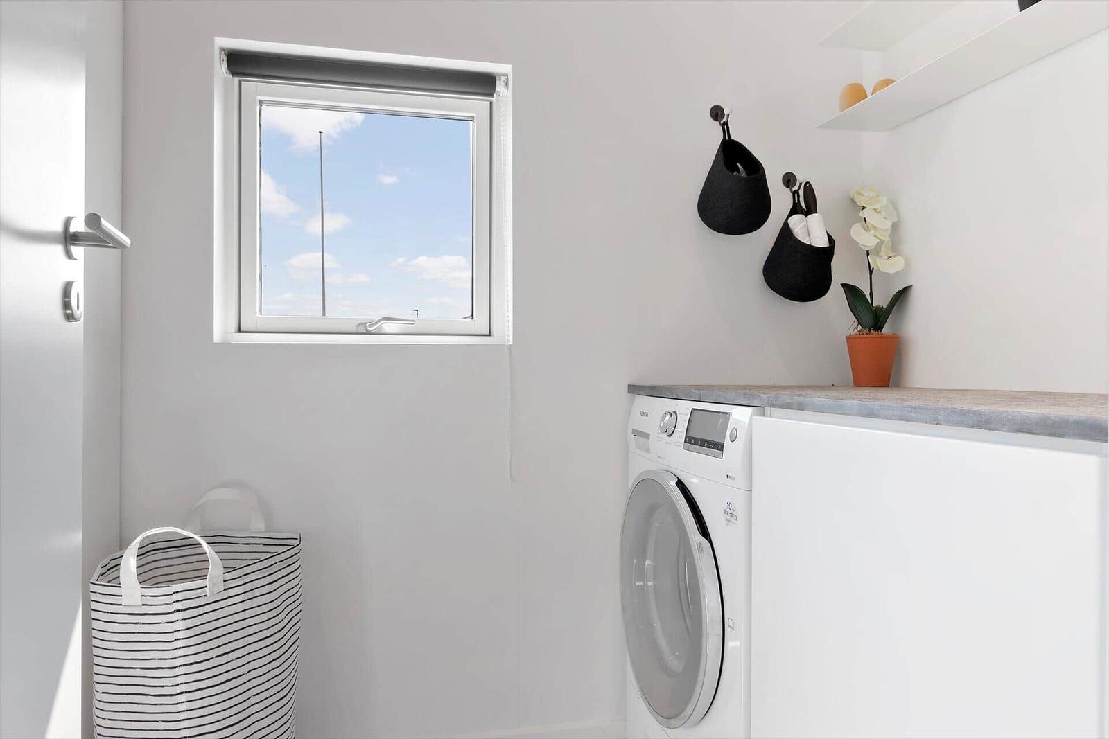 Waschraum mit Waschmaschine, Fenster und Pflanze.