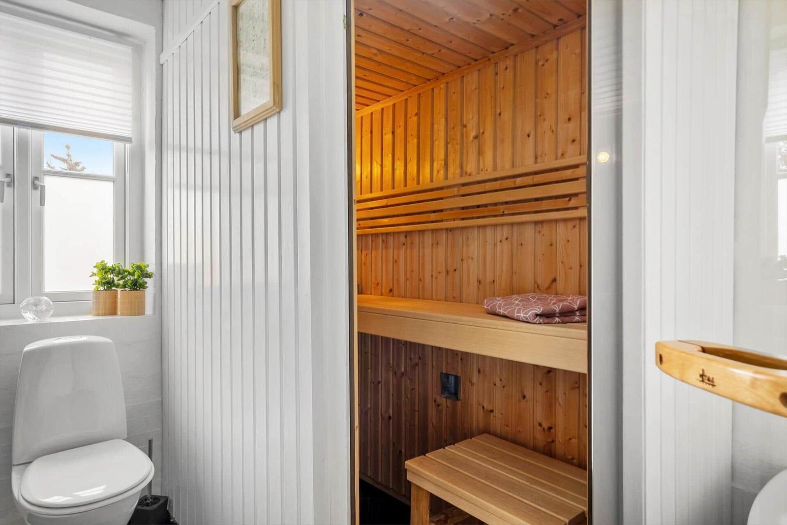 Sauna mit Holzbank und Fenster. Toilette und Pflanzen im Anschluss.