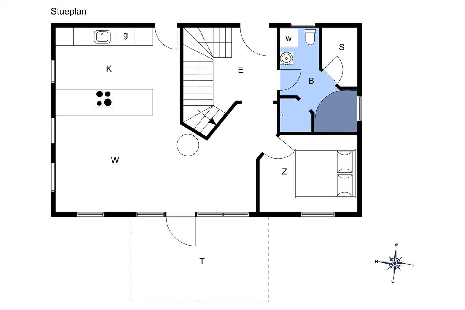Dieses Grundrissbild zeigt die Wohnung mit Küche, Bad und Schlafzimmer.
