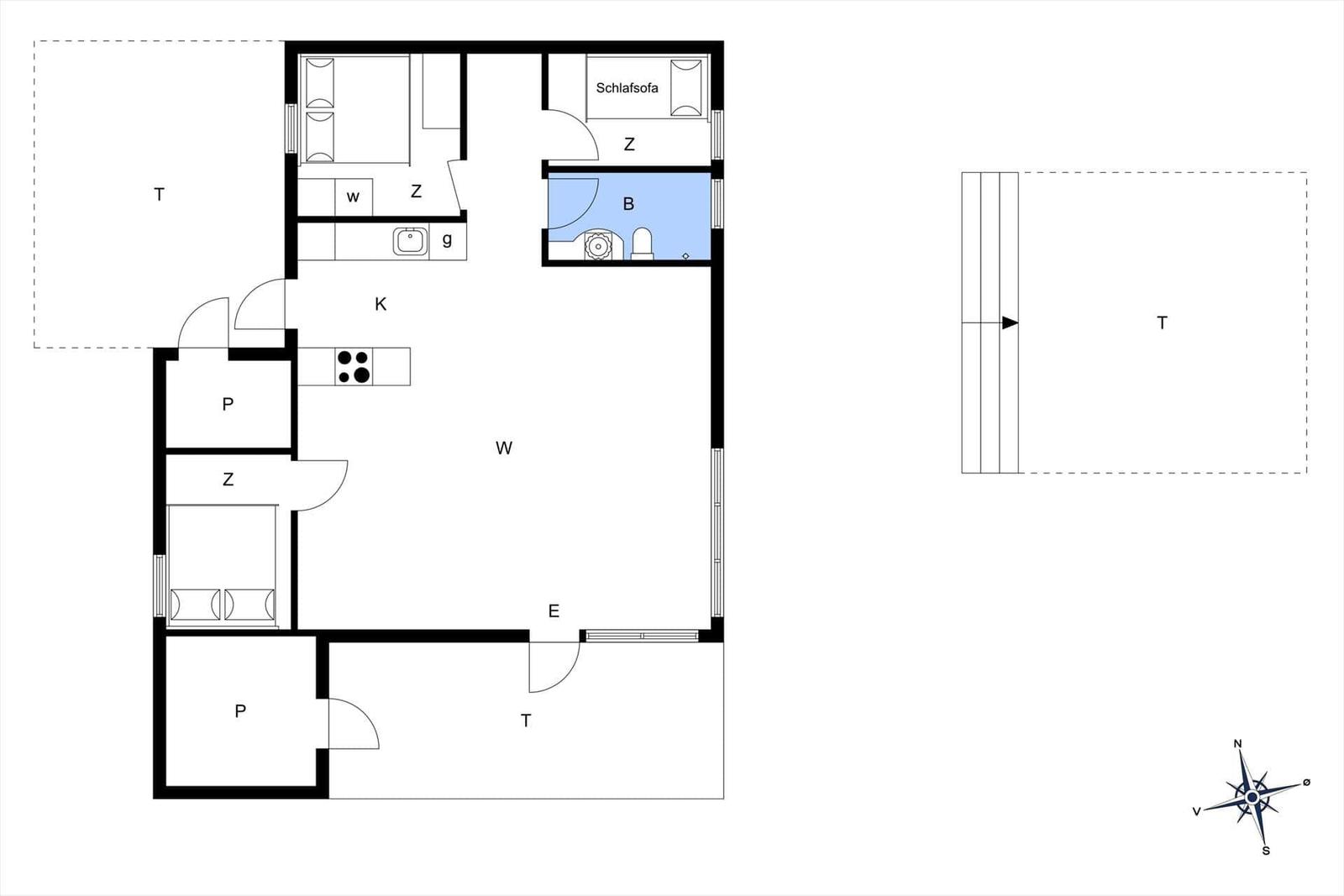 Wohnung mit Küche, Bad und Schlafbereich. Flur mit Türen zu allen Räumen.