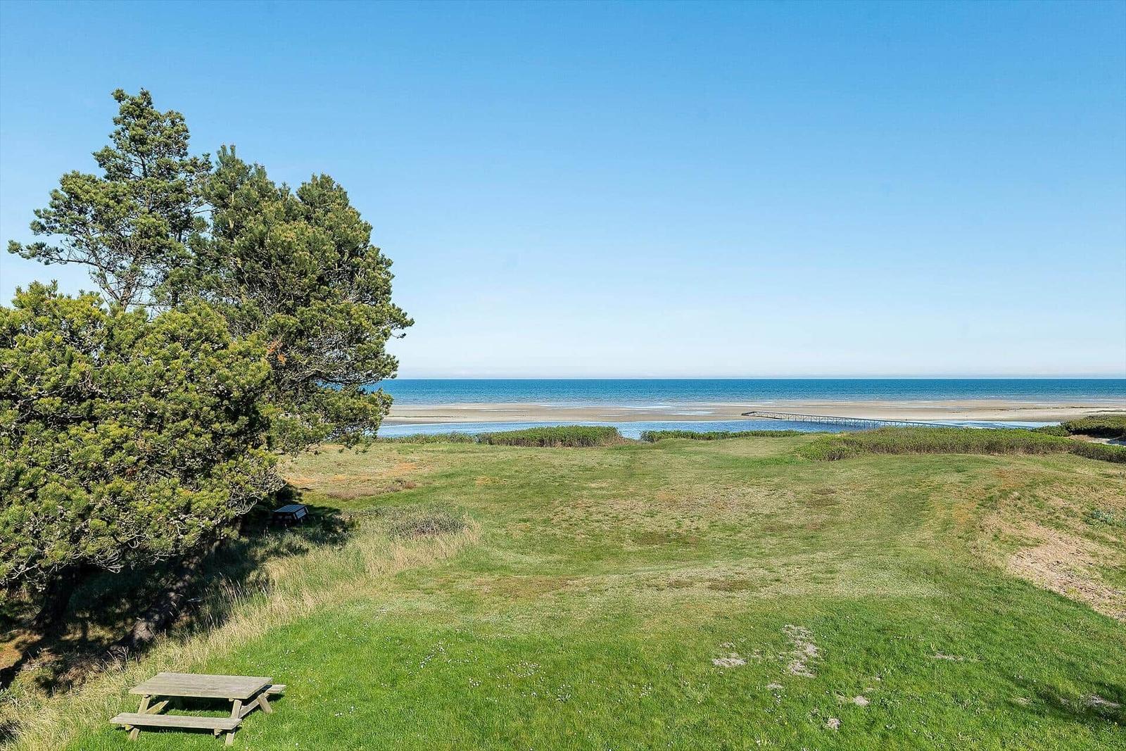 Grünes Grasland mit Blick auf das Meer und einen Picknicktisch unter einem Baum.