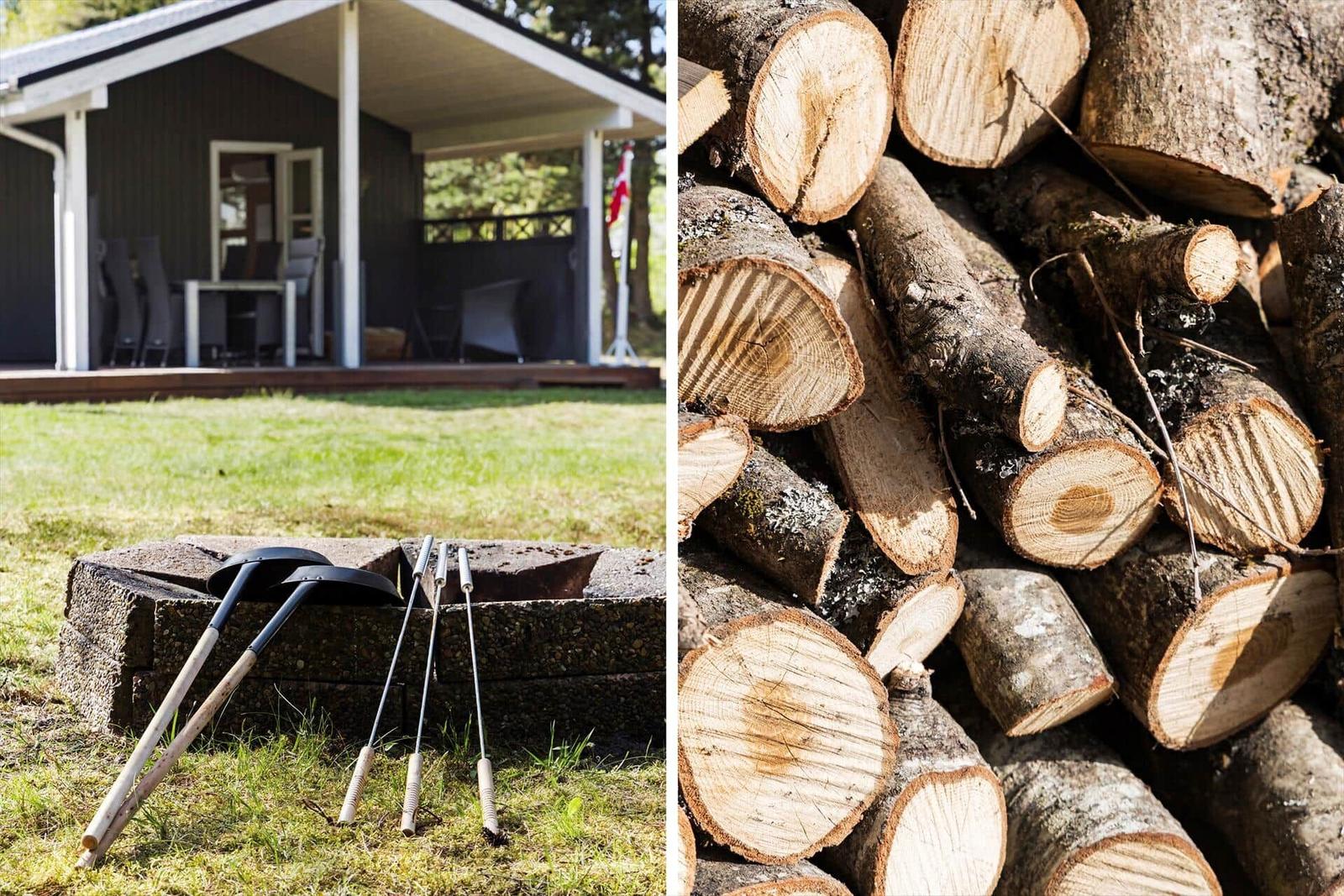 Hütte mit Terrasse, Grillutensilien und Holzstapel im Freien.