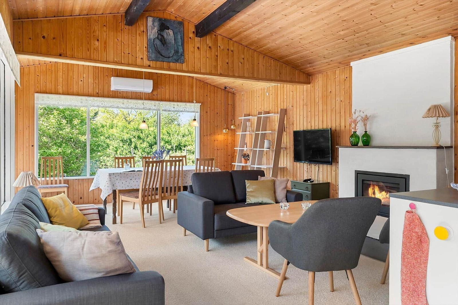 Wohn- und Essbereich mit Kamin, TV und großem Fenster. Holzwände und -decke.