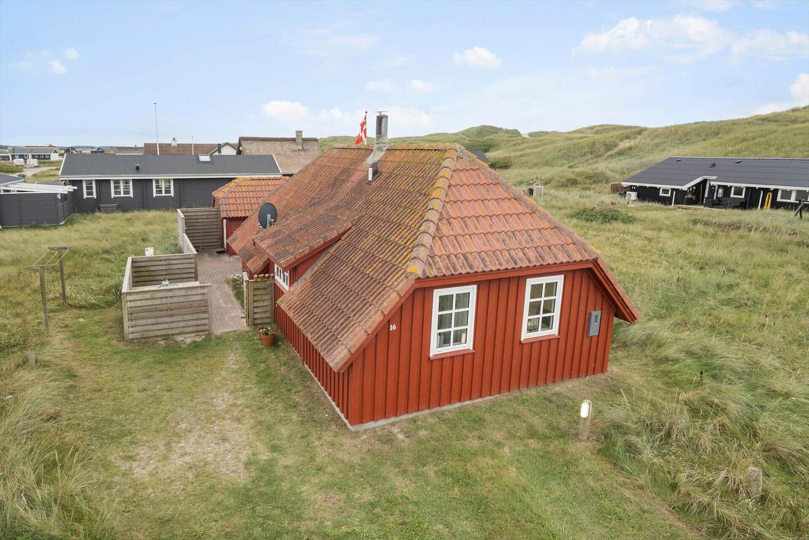 Rotes Holzhaus mit Schieferdach in grüner Umgebung.