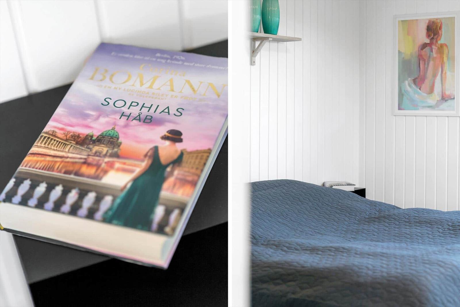 A book rests on a table. A bed with blue bedding is visible in the background.