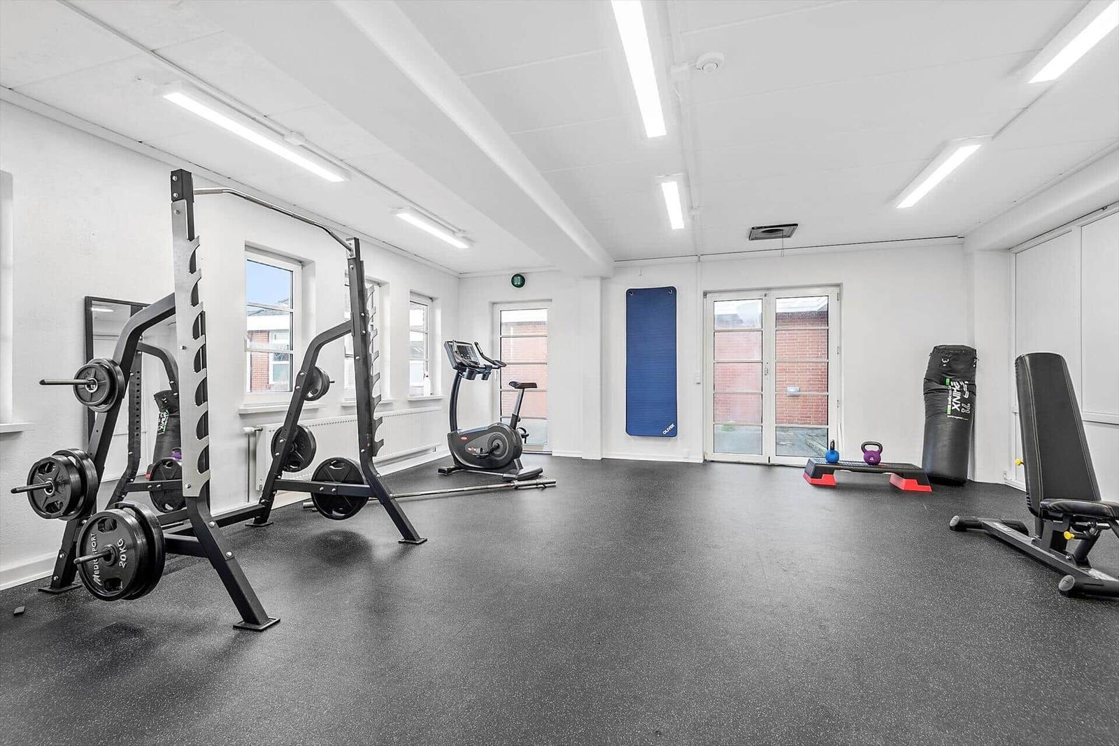 Fitnessraum mit Hantelständer, Laufrad und Kettlebells.