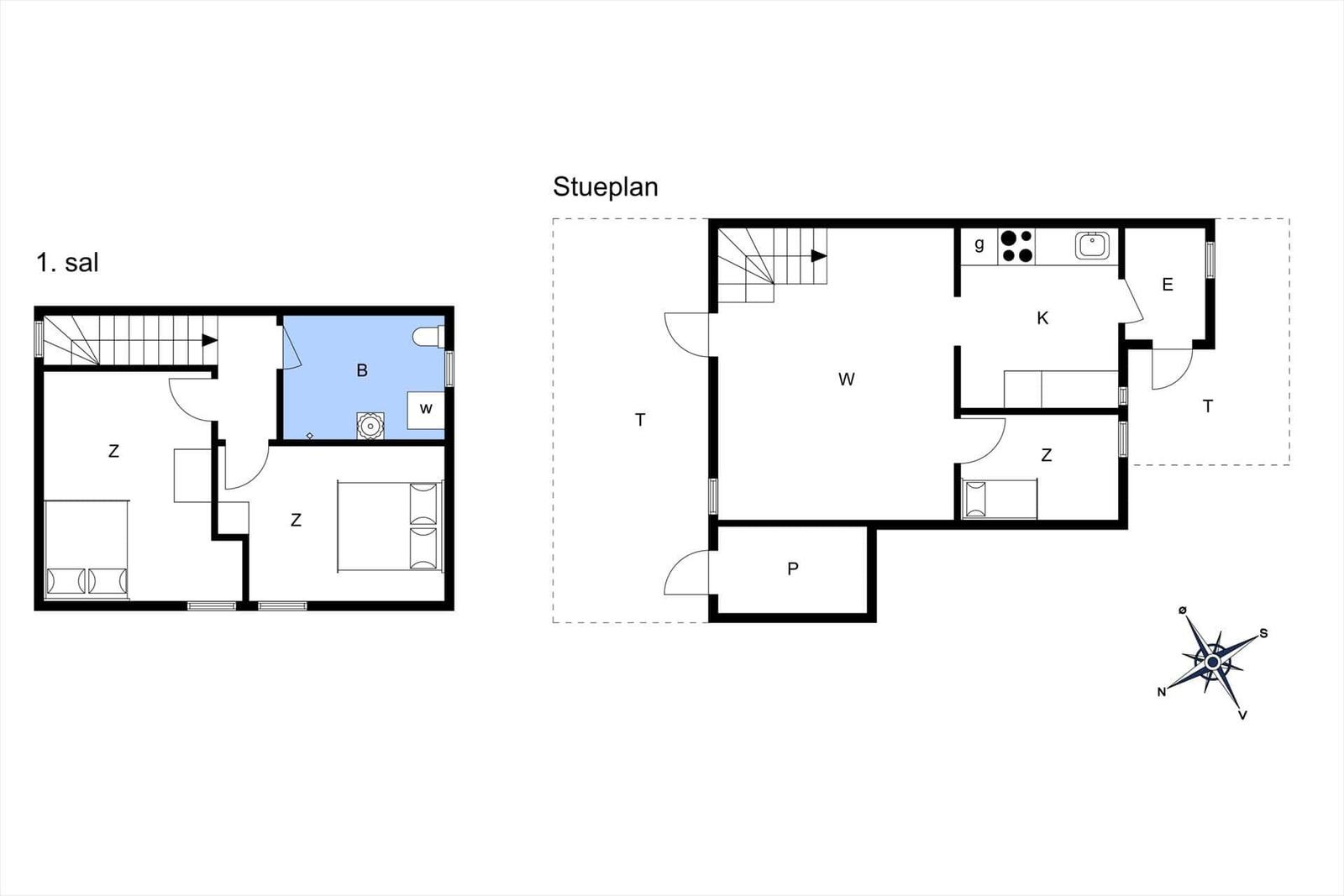 Zwei Stockwerke mit Flur, Küche, Schlafzimmern und Bad.