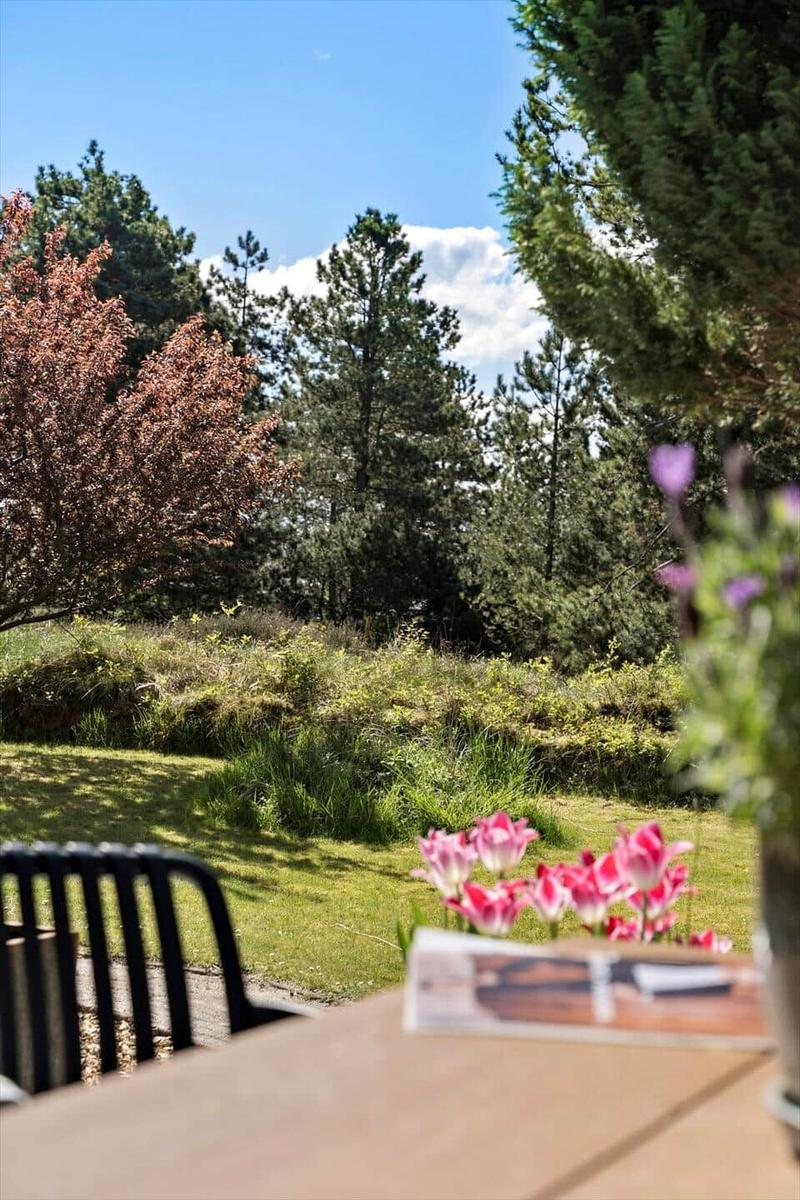 Außenbereich mit Tisch, Stuhl und Blumen vor Wald und Himmel