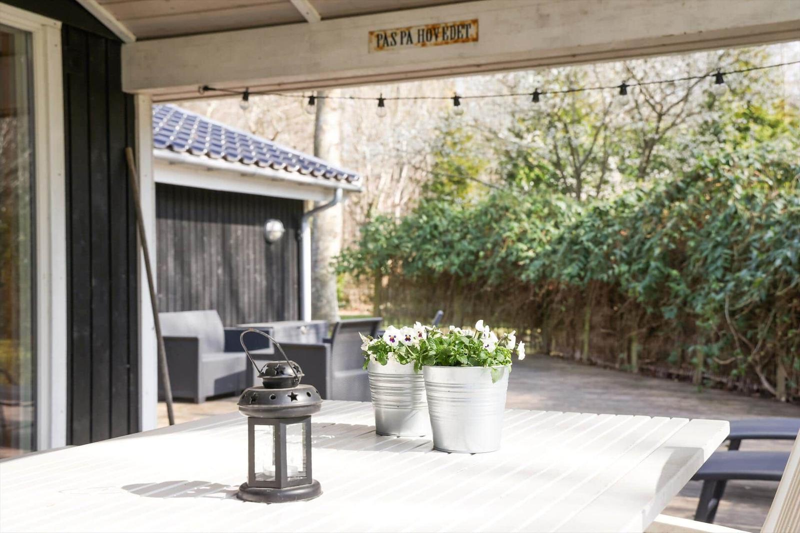 Patio with table, plants, and lantern. Background: garden and house.