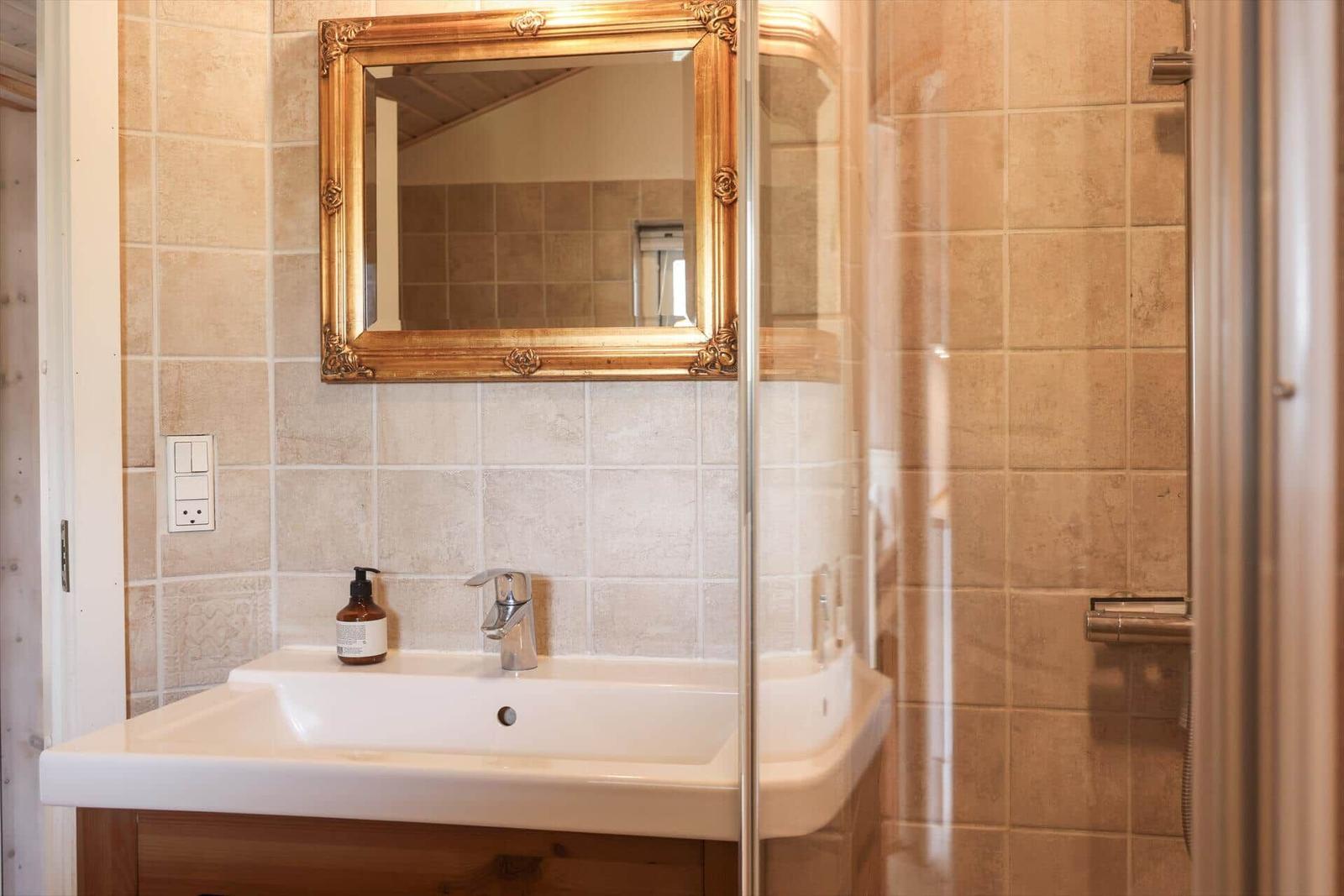 Bathroom with sink, mirror, and shower.