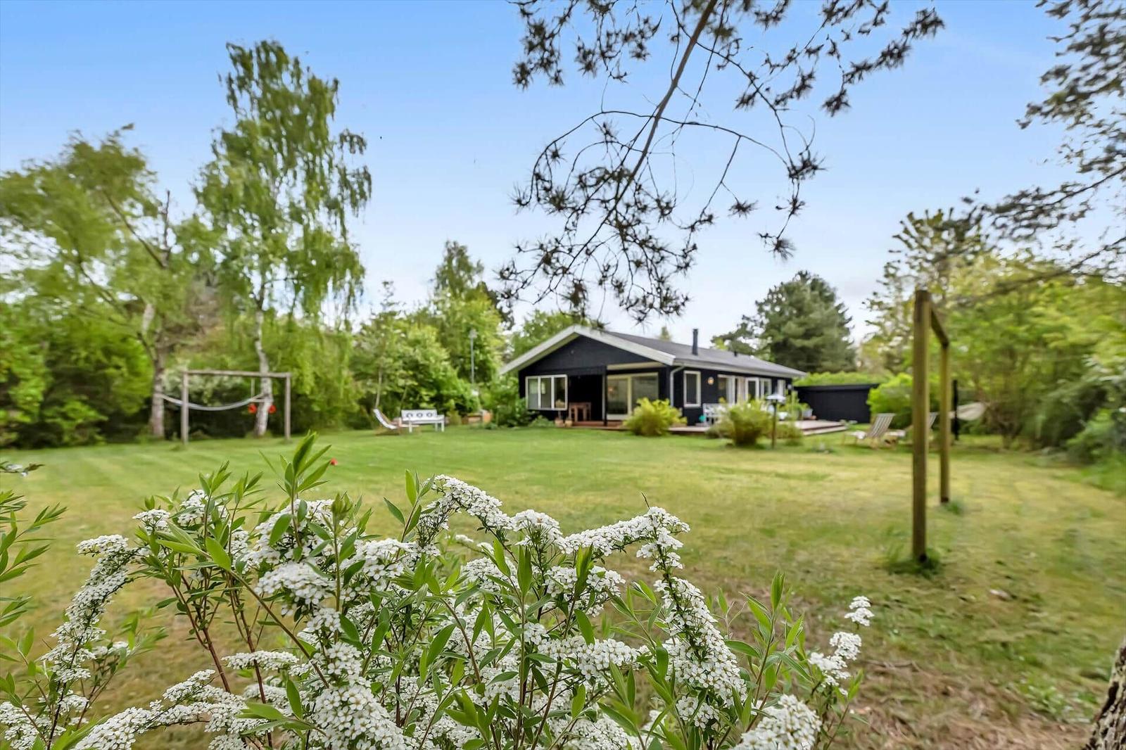 Schwarzes Haus mit Terrasse und großem Garten. Weiße Blumen im Vordergrund.