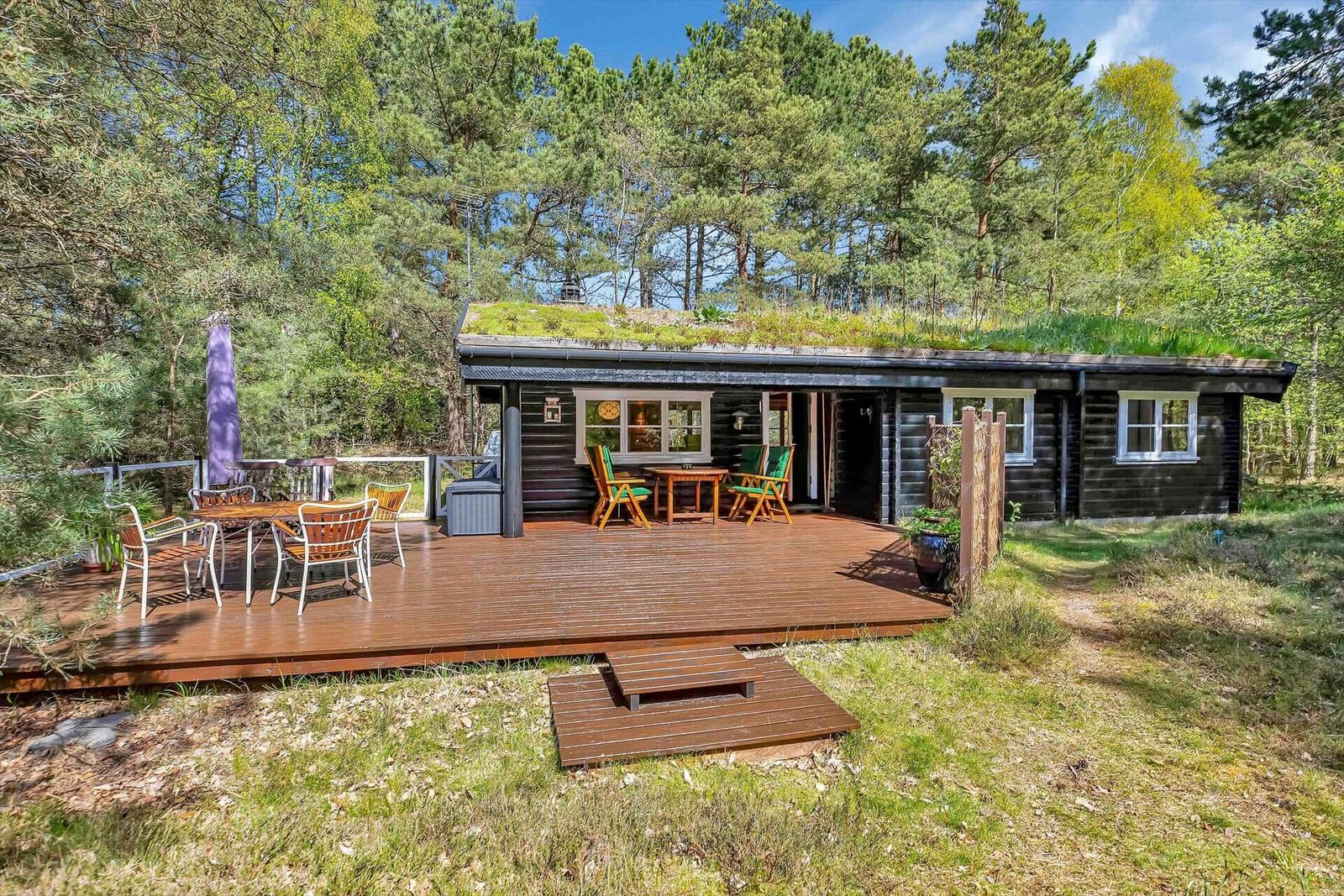 Holzhütte mit grünem Dach und großer Terrasse im Wald