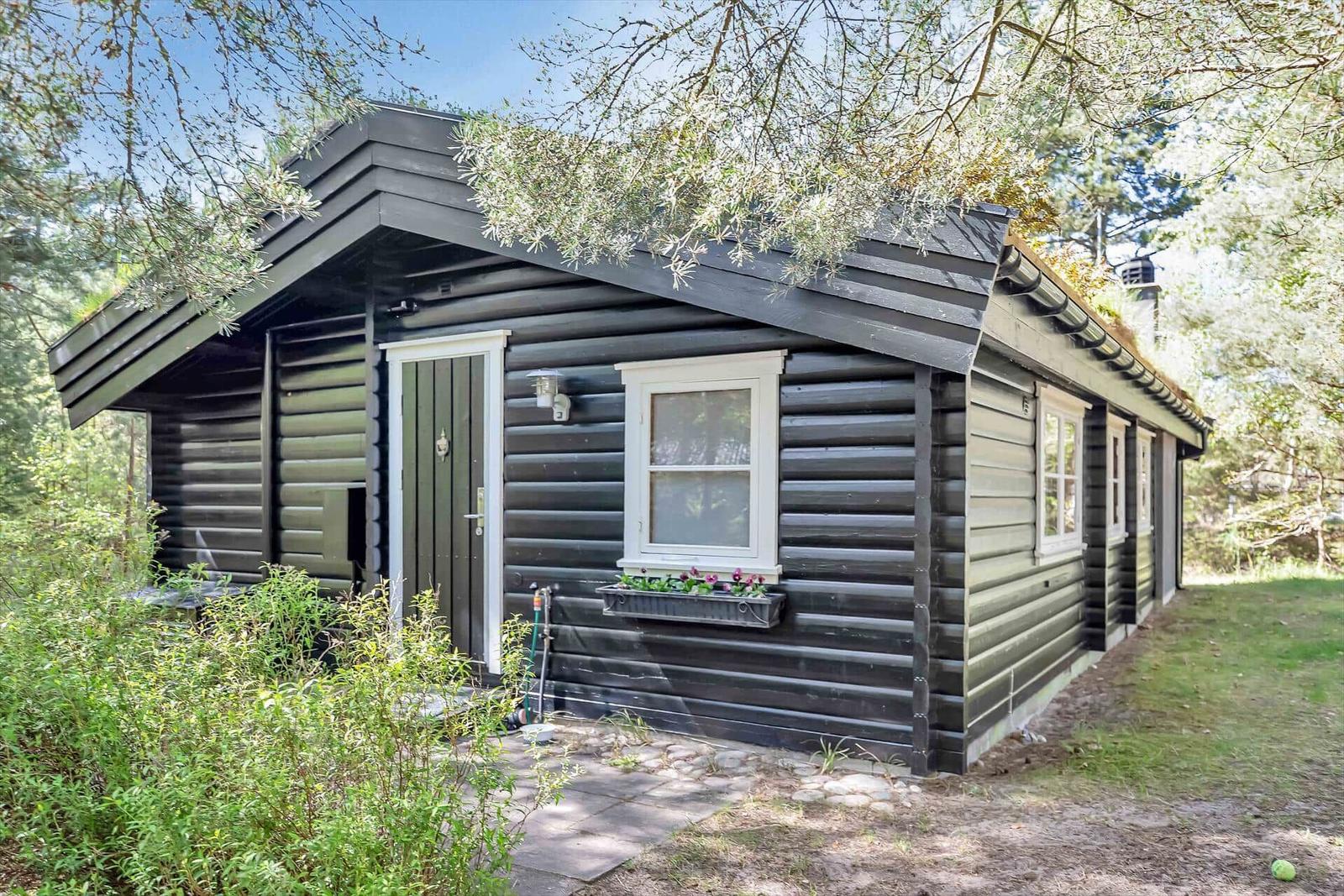 Holzhaus mit grünem Dach und Fensterbank mit Blumen.
