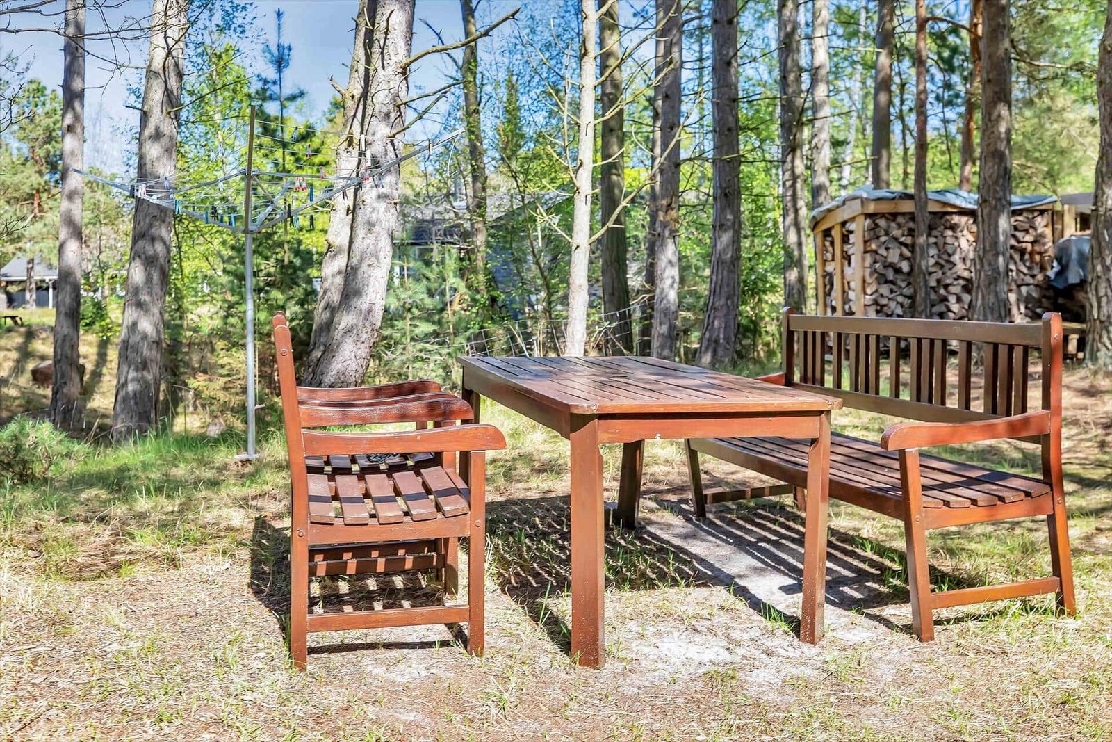 Holztisch und -bänke im Wald. Hintergrund: Holzstapel und Wäscheständer.