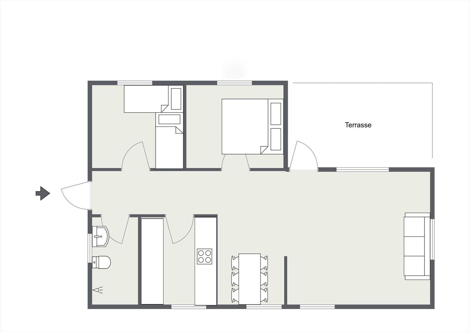 Wohnung mit Küche, Schlafzimmer, Bad und Terrasse.