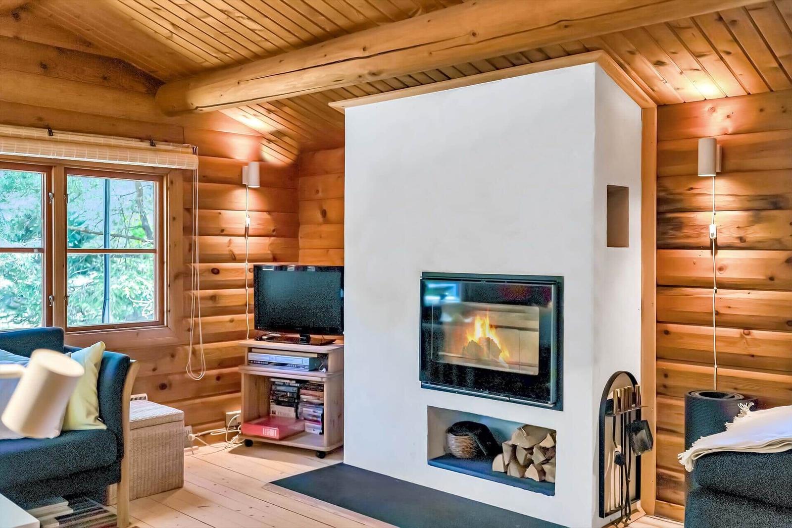 Wohnzimmer mit Kamin, Fernseher und Fensterblick auf Wald