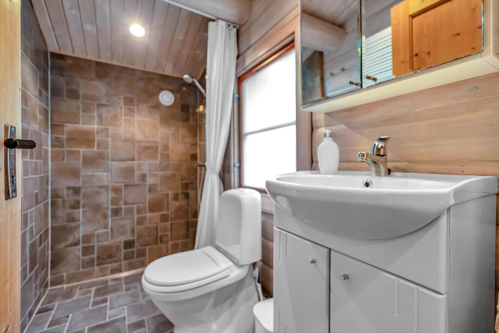 Badezimmer mit Toilette, Waschbecken und Dusche mit Steinwand.