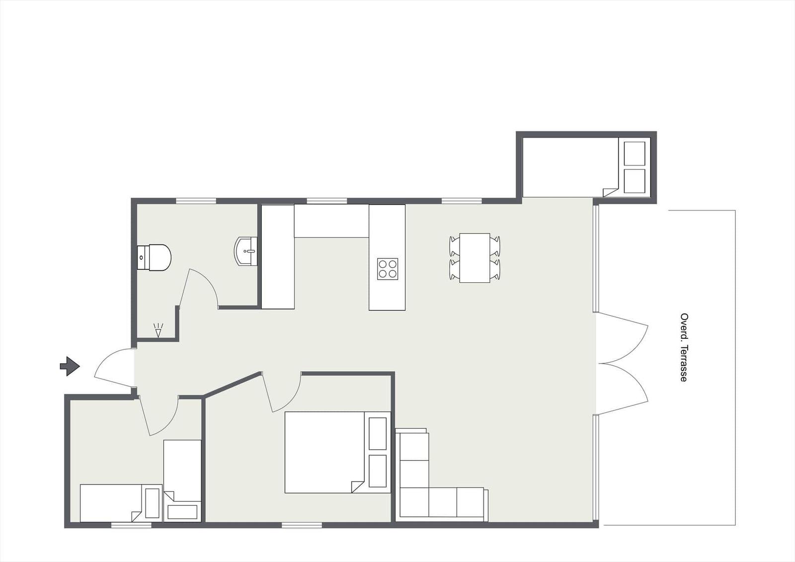 Dieses Apartment hat eine Küche, ein Bad, ein Schlafzimmer und eine Terrasse.