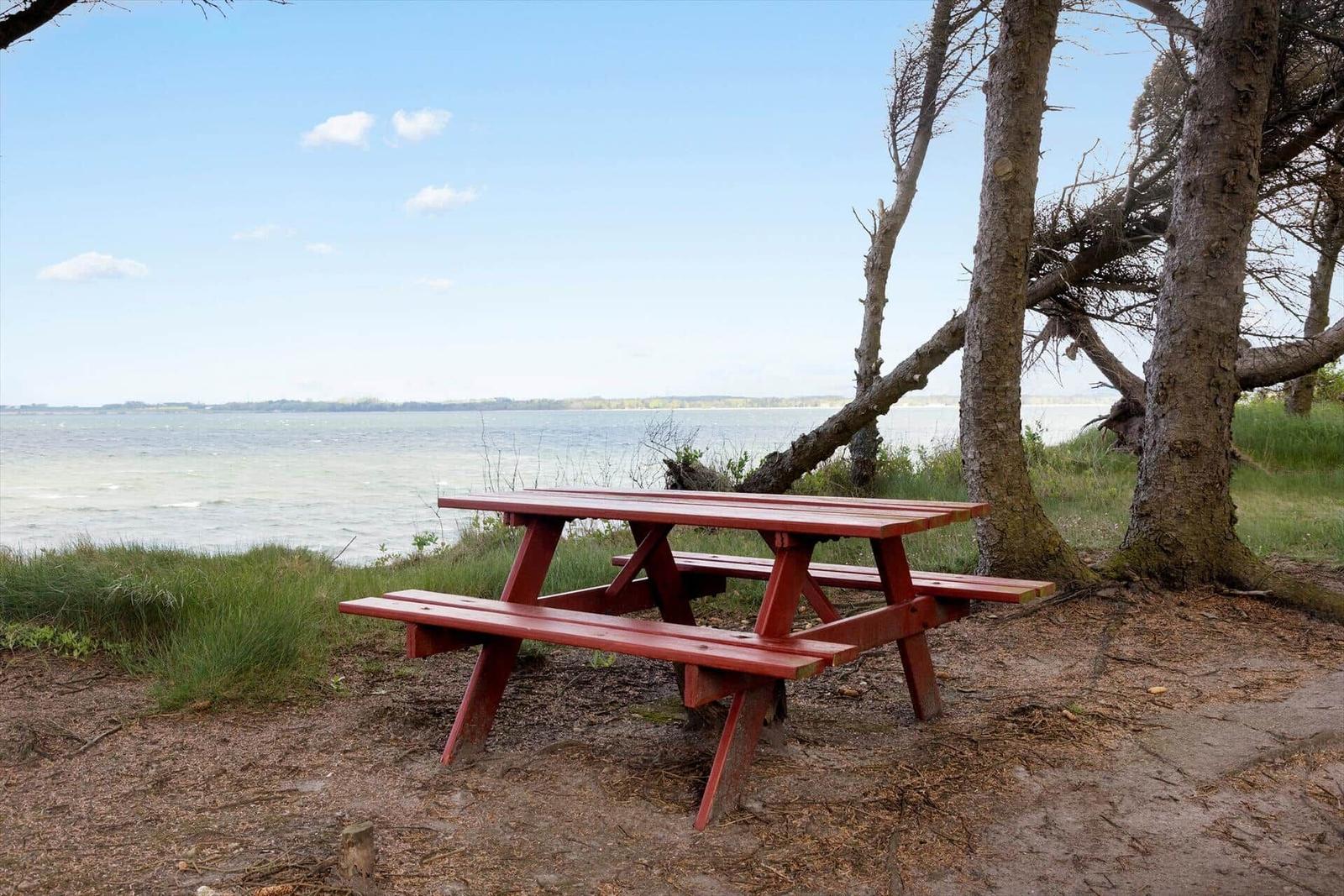 Roter Picknicktisch unter Bäumen am Wasser