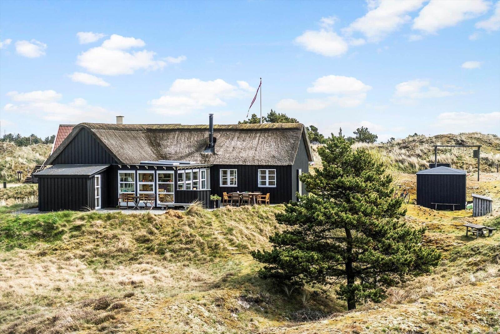 Schwarze Holzhütte mit Strohdach, Terrasse und Garten. Flagge weht im Wind.