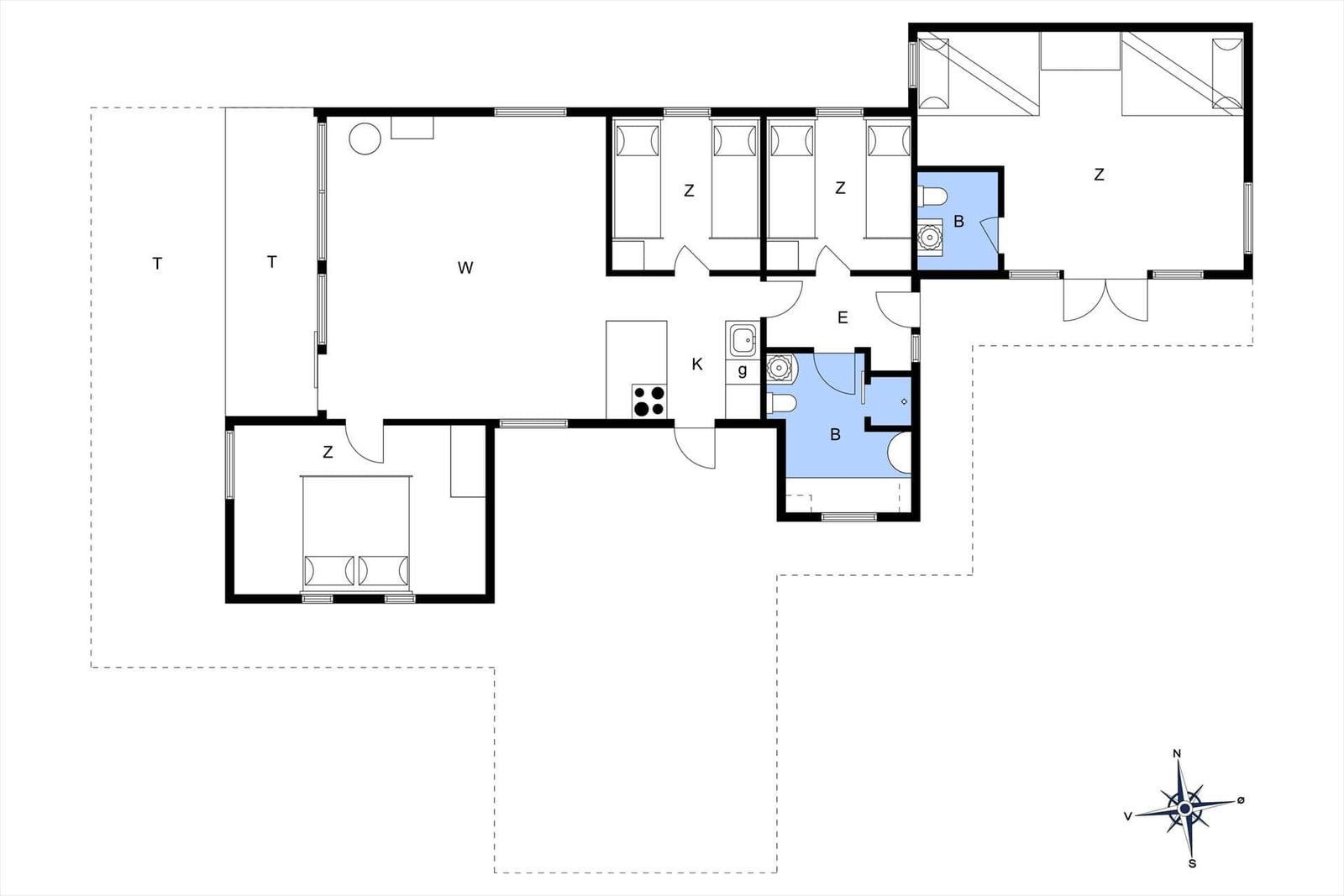 Geschossplan mit Küche, Schlafzimmern und Bädern.