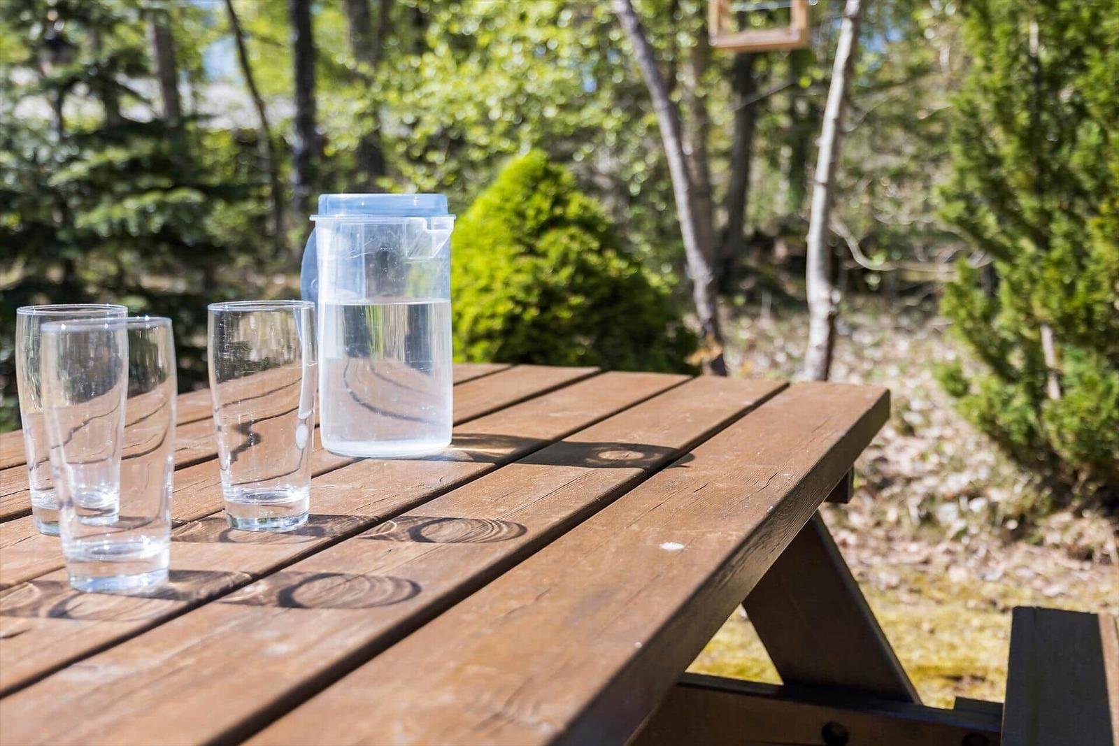 Holztisch mit Wassergläsern und Wasserkaraffe im Garten.